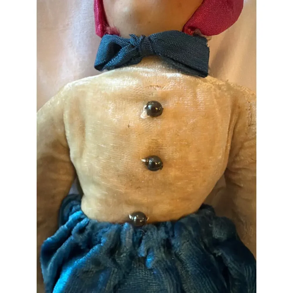 Vintage Cloth Doll Painted Face Bonnet Blue Velvet Dress Handmade 11